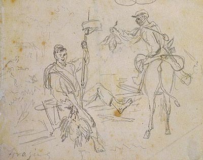 Waud sketch of soldiers with chickens