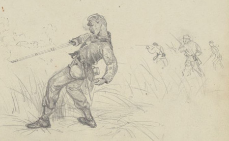 Charles Reed illustration of a skirmisher struck by a bullet