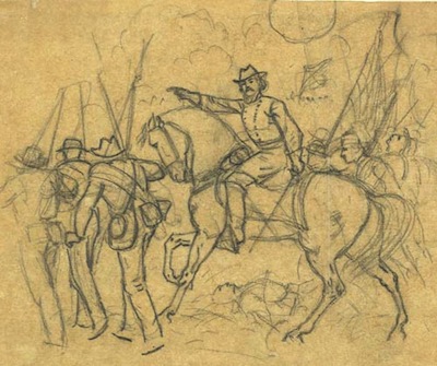 A.R.Waud sketch of an unknown officer leading troops in battle.