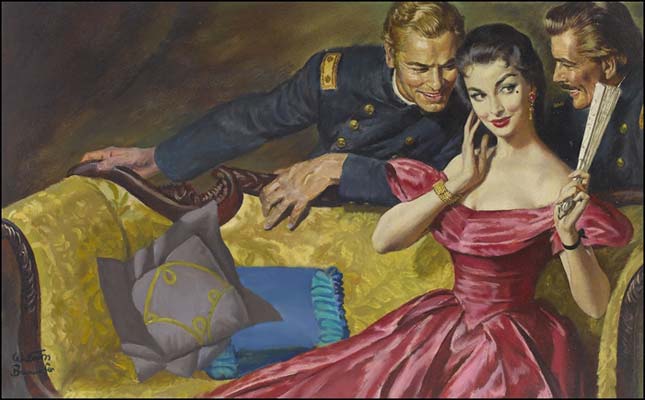 Illustration by Baumhoffer, two Union officers flirting with beautiful spy