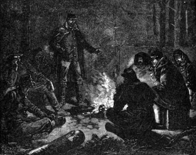 Illustration of soldiers around a fire in winter