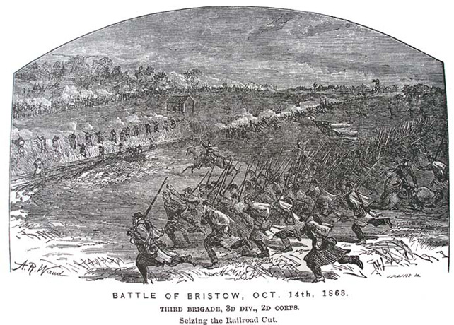 Engraving of Owen's Brigade running for the railroad cut