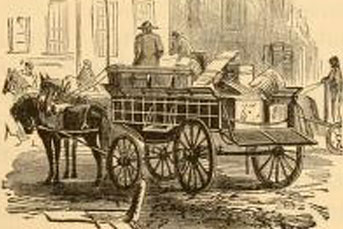 illustration of a wagon full of boxes and barrels