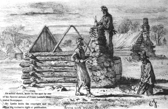 Edwin Forbes sketch, building a log hut