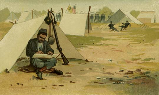 Louis K Harlow illustration of letter writing by tent