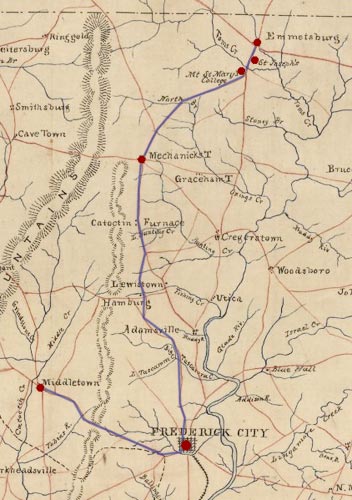 Map of the route from Middletown to Emmitsburg