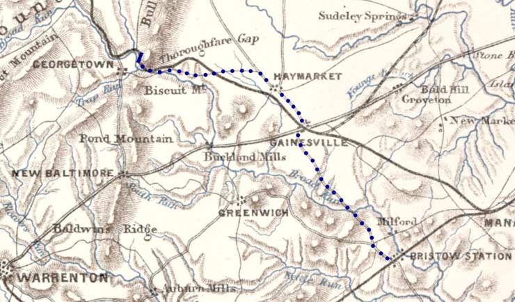 Map of march from Thoroughfare Gap to Bristoe Stn.