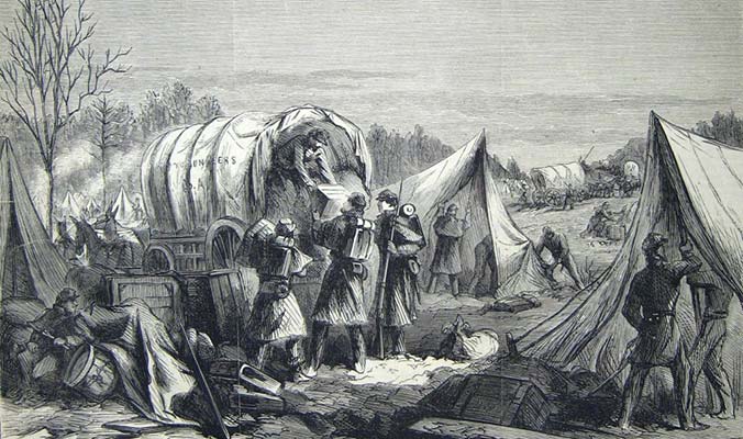 illustration of soldiers packing up camp into wagons