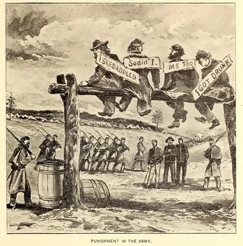 Illustration "Punishment in the Army"  ; 4 men seated high up on a pole