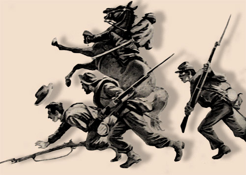 frederick ray illustration of rebels running, with photoshaop effects
