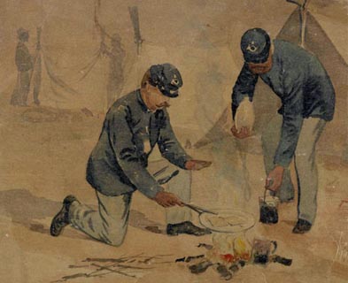 Charles Reed water color of Soldiers cooking over camp-fire