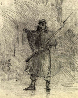 Charles Reed sketch of a picket in bad weather