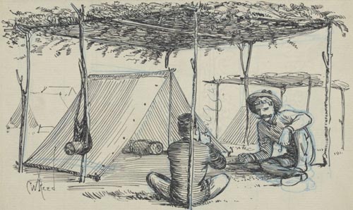 Charles Reed sketch of summer camp with shaded canopy
