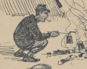 Charles Reed sketch, soldier kneeling by fire with coffee cup