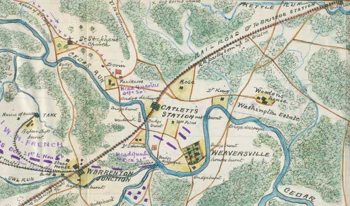 Robert Knox Sneden's map of Catletts Station, October 1863.