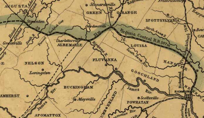Map of the Va Central RR route from Staunton to Richmond