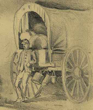 sketch of a man at a supply wagon