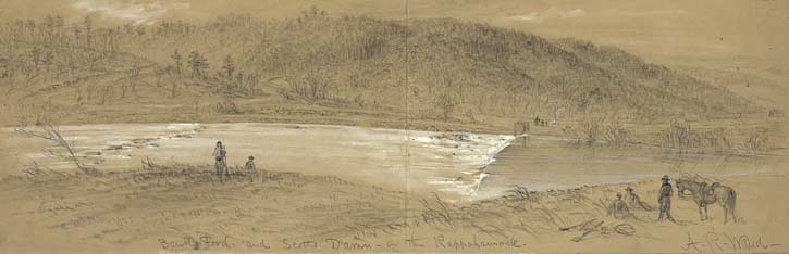 Bank's Ford & Scott's Dam sketched by A.R. Waud