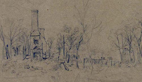 Haymarket sketched in 1863 after it was burned, by A.R. Waud
