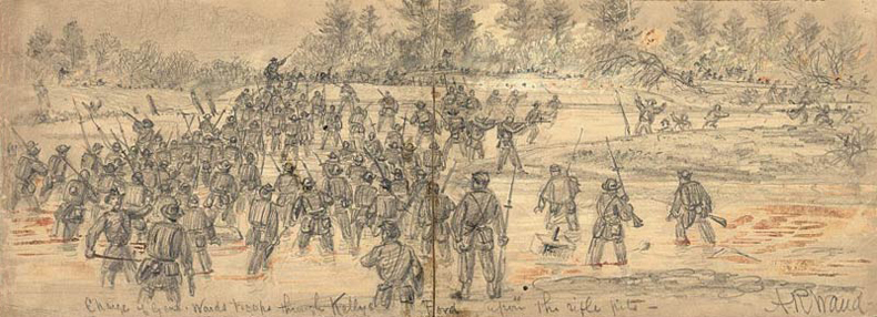 A.R. Waud sketch of Birney's men crossing Kelly's Ford, November 7
