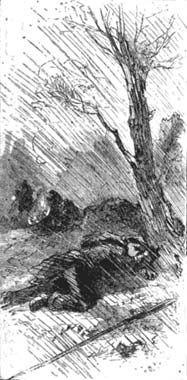 sketch of a weary soldier sleeping in the rain