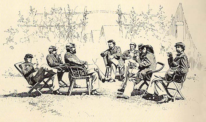 illustration of soldiers sitting around gossiping