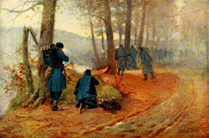 Illustration of soldiers fighting at edge of woods