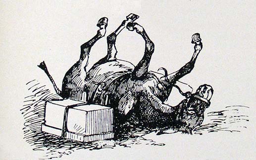 Illustration of a pack mule on its back