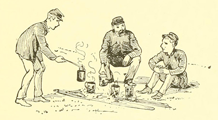 Charles Reed sketch of men cooking round a campfire