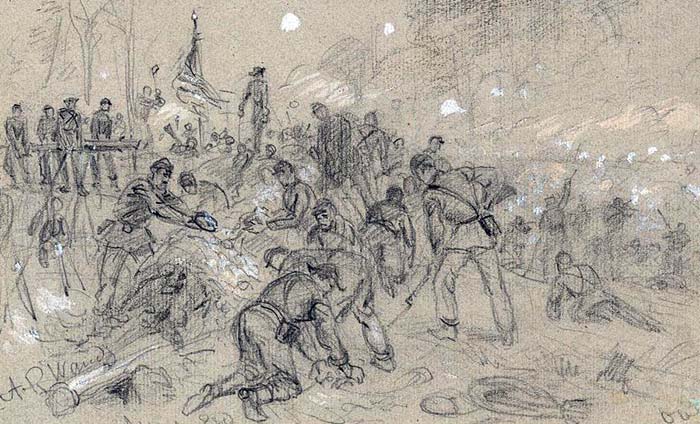 A.R. Waud sketch of soldiers entrenching with plates and knives