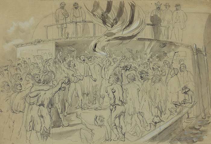 William Waud illustration of exchanged prisoner cheering flag