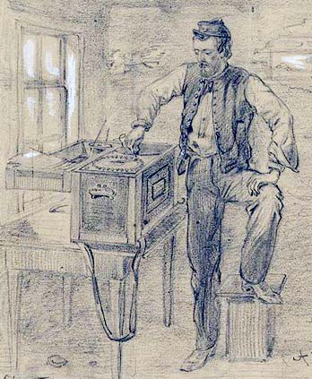A.R. Waud sketch of a telegraph operator in Fredericksburg